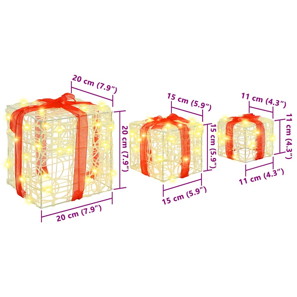 Gift Box with 60 LEDs 3 pcs Warm white 20 x 20 x 20 cm Acrylic